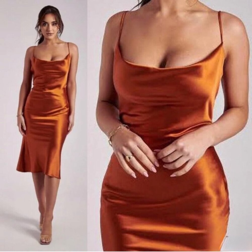 Meshki Tabitha Satin Cowl Neck Midi Dress Summer Cocktail Party Wedding Medium
